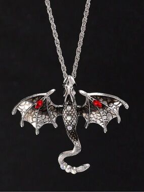 Silver Dragon Pendant Necklace with Red Accent Stones